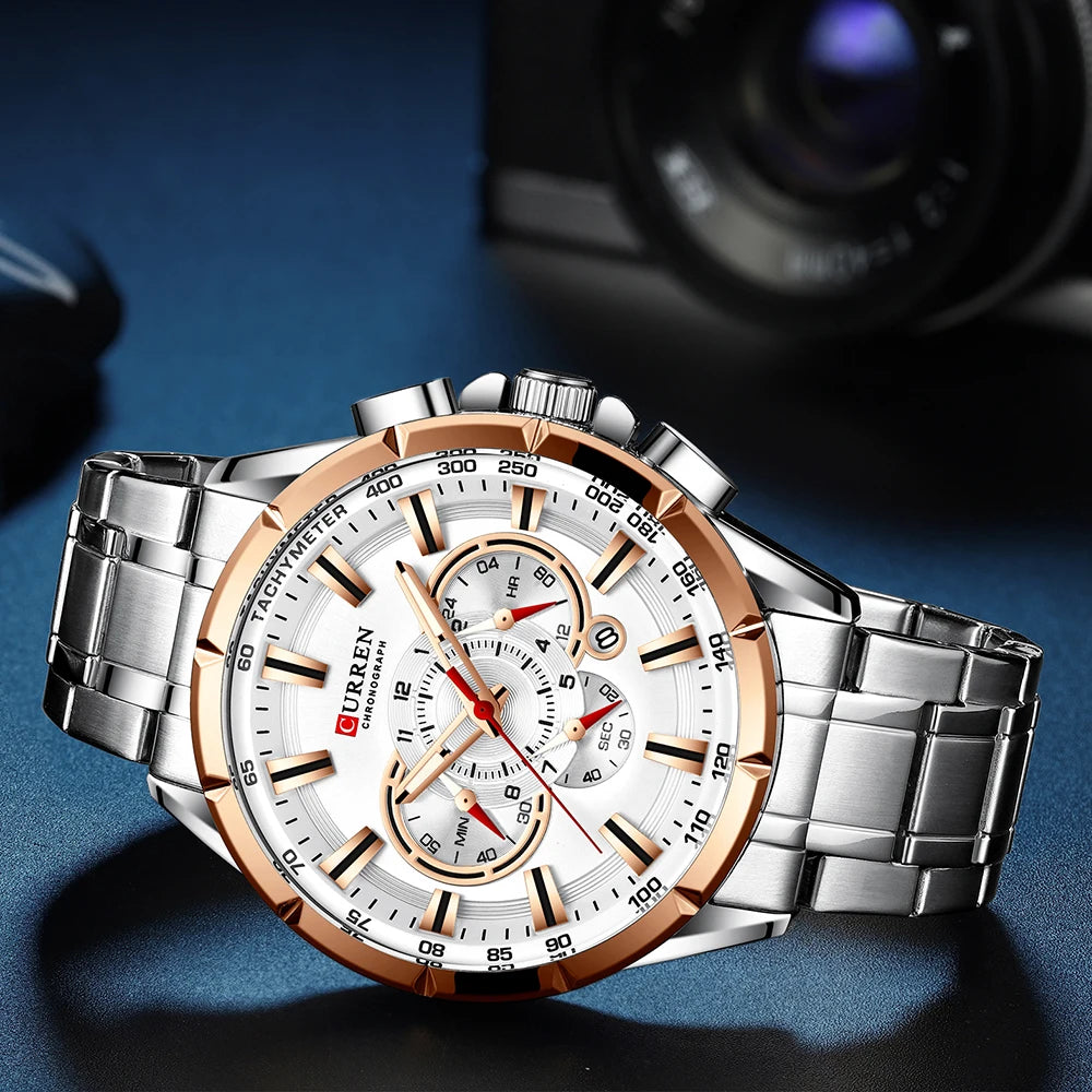 CURREN Business Herren-Armbanduhr, Luxusmarke, Edelstahl-Armbanduhr, Chronograph, Army Military Quarzuhren