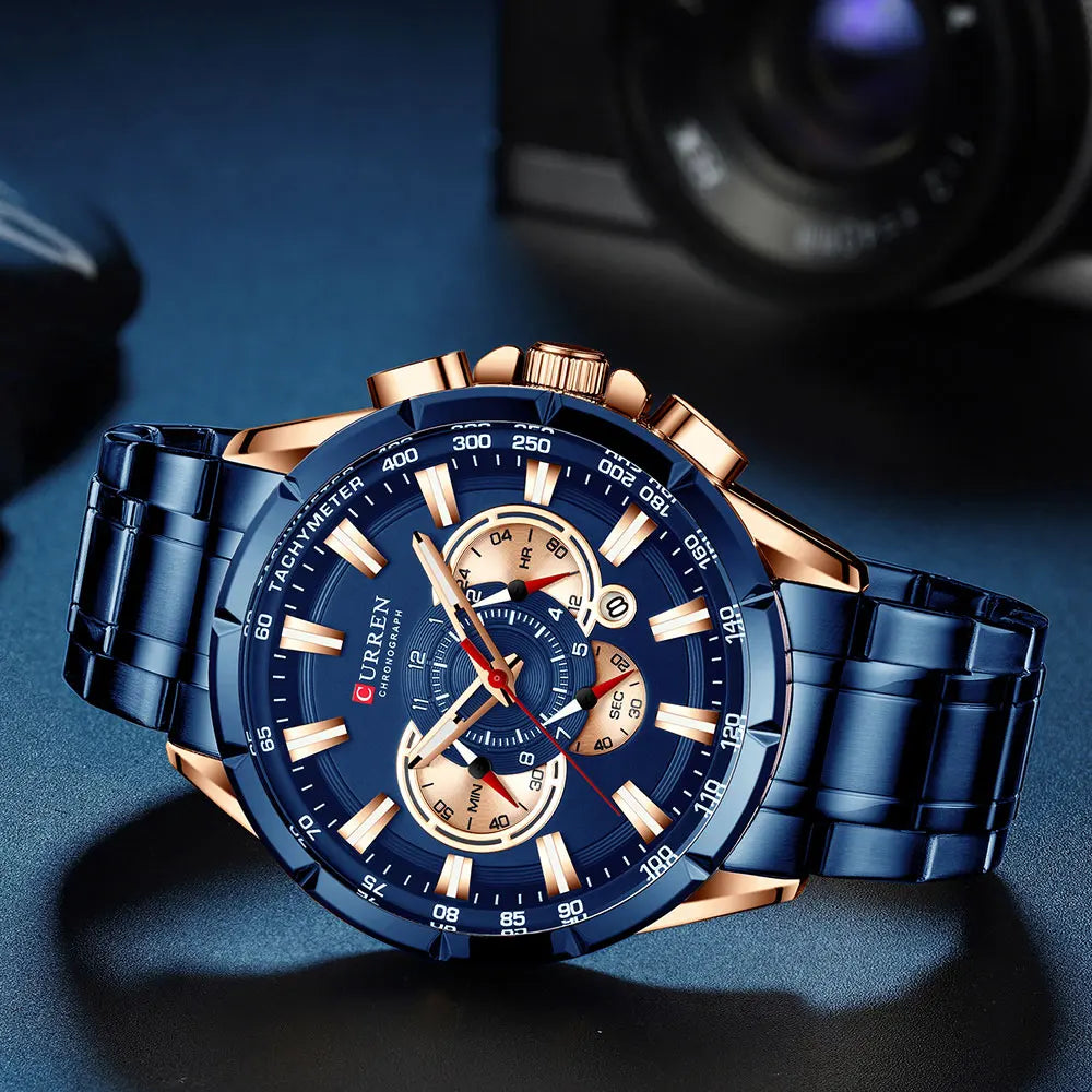 CURREN Business Herren-Armbanduhr, Luxusmarke, Edelstahl-Armbanduhr, Chronograph, Army Military Quarzuhren