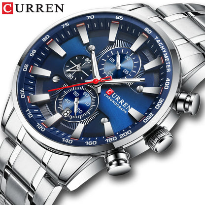 Curren Men's Watch Top Luxury Brand Big Dial Blue Quartz Men Watches Chronograph Sport Wristwatch Man Stainless Steel Date Clock