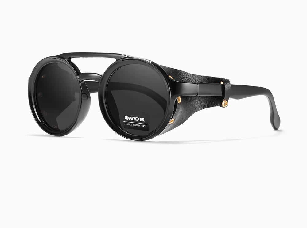 KDEAM Ochelari de soare rotunzi vintage pentru bărbați și femei, din piele, cu design tip „shield” și punte dublă, model KD179