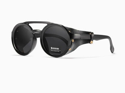 KDEAM Ochelari de soare rotunzi vintage pentru bărbați și femei, din piele, cu design tip „shield” și punte dublă, model KD179