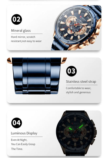 CURREN Business Herren-Armbanduhr, Luxusmarke, Edelstahl-Armbanduhr, Chronograph, Army Military Quarzuhren