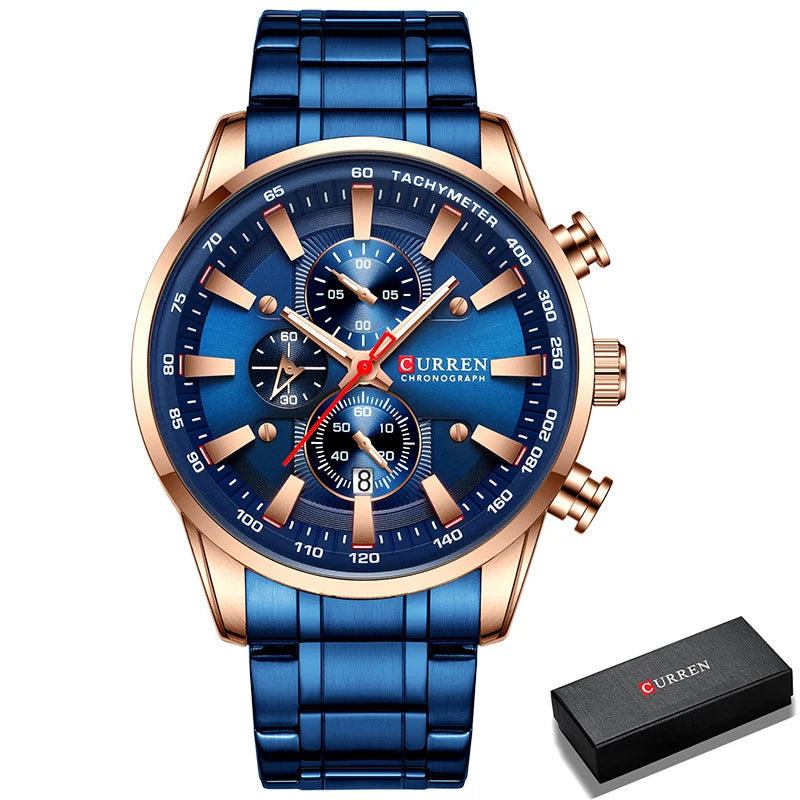 Curren Men's Watch Top Luxury Brand Big Dial Blue Quartz Men Watches Chronograph Sport Wristwatch Man Stainless Steel Date Clock