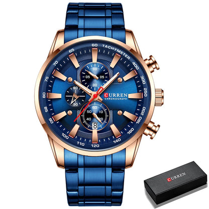 Curren Men's Watch Top Luxury Brand Big Dial Blue Quartz Men Watches Chronograph Sport Wristwatch Man Stainless Steel Date Clock