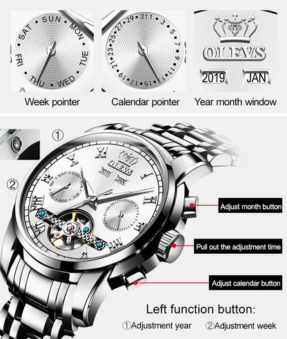 OLEVS Men's Watches Automatic Mechanical Business Wristwatch Waterproof Stainless Steel Strap Watch for Man Skeleton Calendar