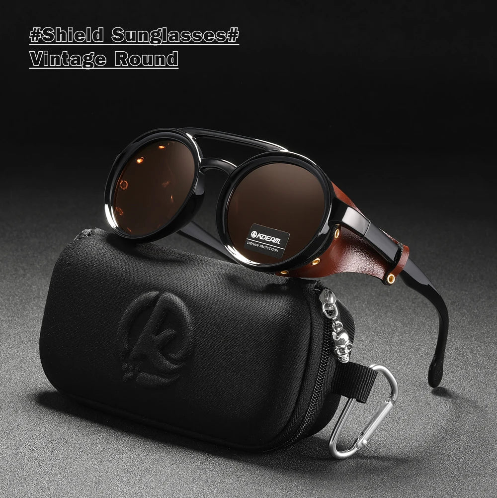 KDEAM Ochelari de soare rotunzi vintage pentru bărbați și femei, din piele, cu design tip „shield” și punte dublă, model KD179