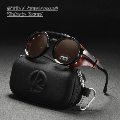 KDEAM Ochelari de soare rotunzi vintage pentru bărbați și femei, din piele, cu design tip „shield” și punte dublă, model KD179