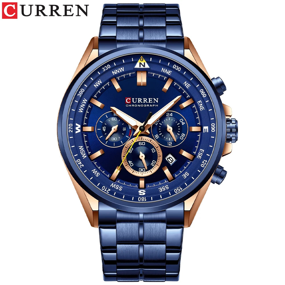 Herrenuhr CURREN – Trendige Uhr einer bekannten Marke, Luxusmodell, wasserdicht, aus Edelstahl, sportlicher Stil, Quarz-Chronograph
