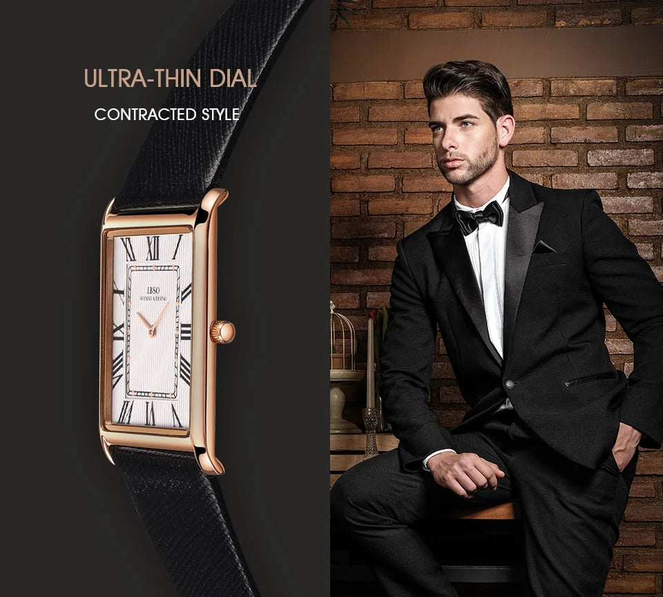 IBSO Ultra-Thin Rectangle Dial Men's Quartz Watch Luxury Business Style Genuine Leather Strap Waterproof New Men WristWatches