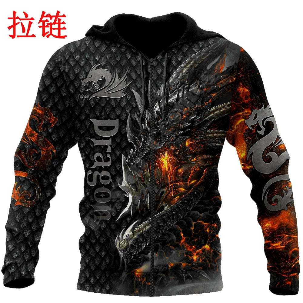 Upea tulilohikäärme 3D -kokopainettu miesten huppari, unisex-hupparit, collegepaita, syksyinen streetwear-rento takki, verryttelyasu KJ749