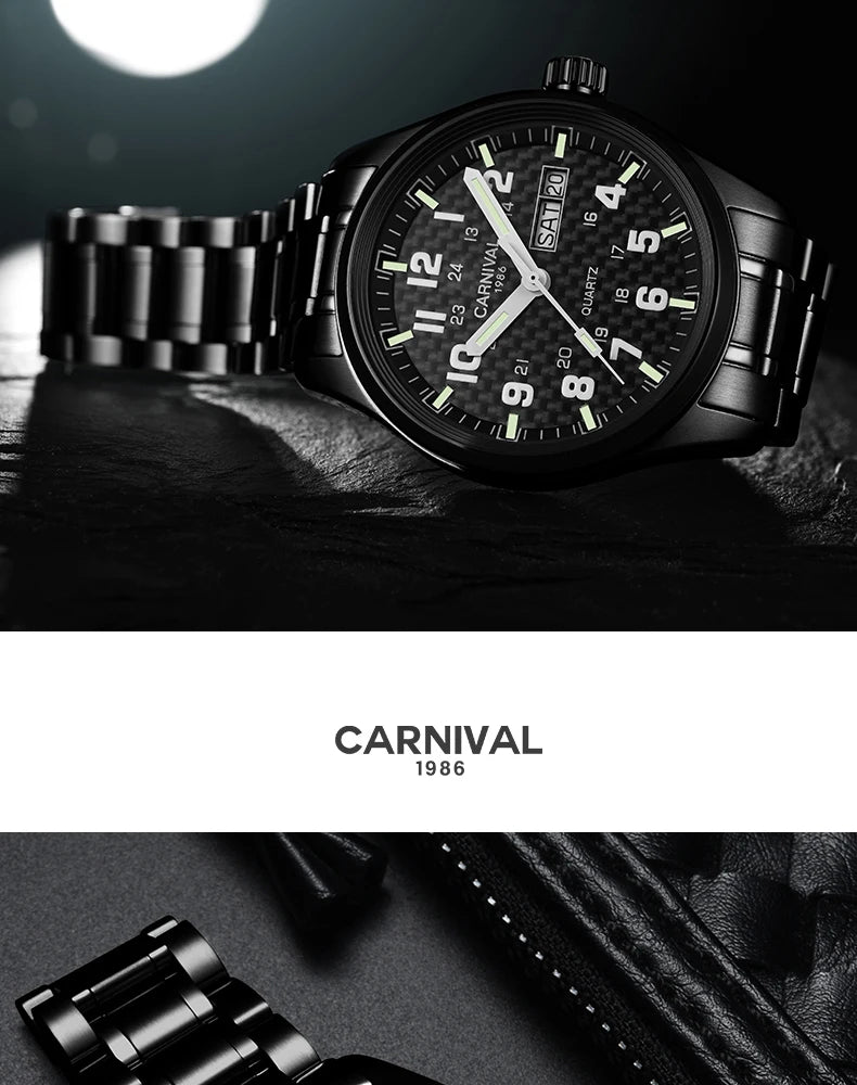 Orologio da uomo CARNIVAL Luxury Brand 8638 al quarzo, lancette luminose, impermeabile, in solido acciaio inossidabile