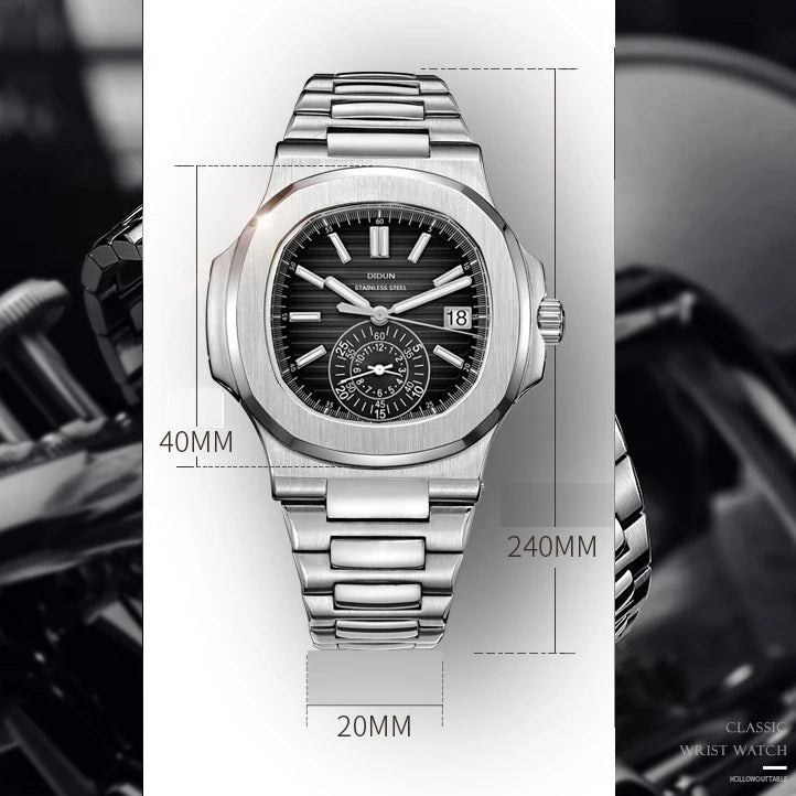 DIDUN Mens Watches Top Brand Luxury Business Stainless Watch Male Military Quartz Chronograph Analog Date Clock Steel Wristwatch