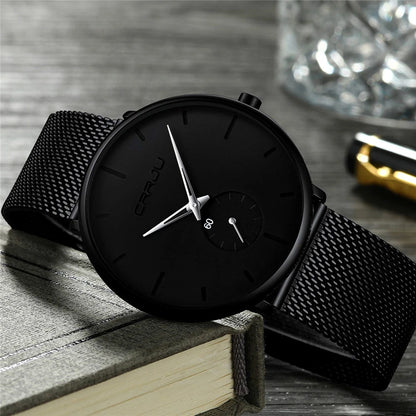 Relógio para homem CRRJU – Relógio de quartzo de luxo, estilo descontraído, fino, com bracelete em malha de aço, estanque e desportivo.