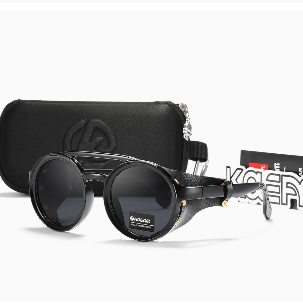 KDEAM Ochelari de soare rotunzi vintage pentru bărbați și femei, din piele, cu design tip „shield” și punte dublă, model KD179