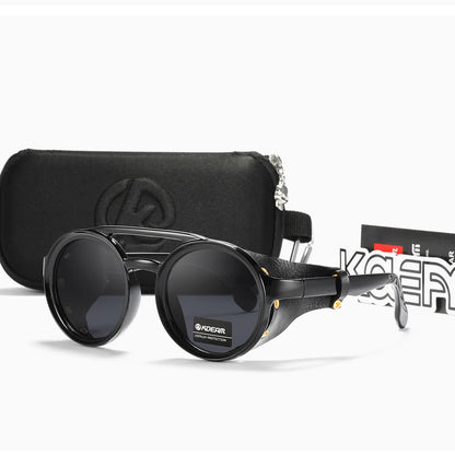 KDEAM Ochelari de soare rotunzi vintage pentru bărbați și femei, din piele, cu design tip „shield” și punte dublă, model KD179