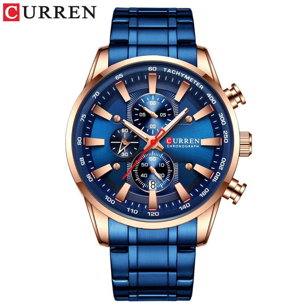 Curren Men's Watch Top Luxury Brand Big Dial Blue Quartz Men Watches Chronograph Sport Wristwatch Man Stainless Steel Date Clock