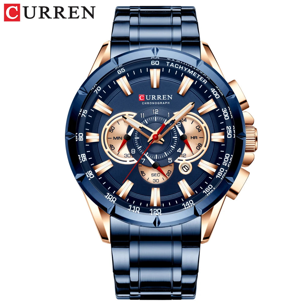 CURREN Business Herren-Armbanduhr, Luxusmarke, Edelstahl-Armbanduhr, Chronograph, Army Military Quarzuhren
