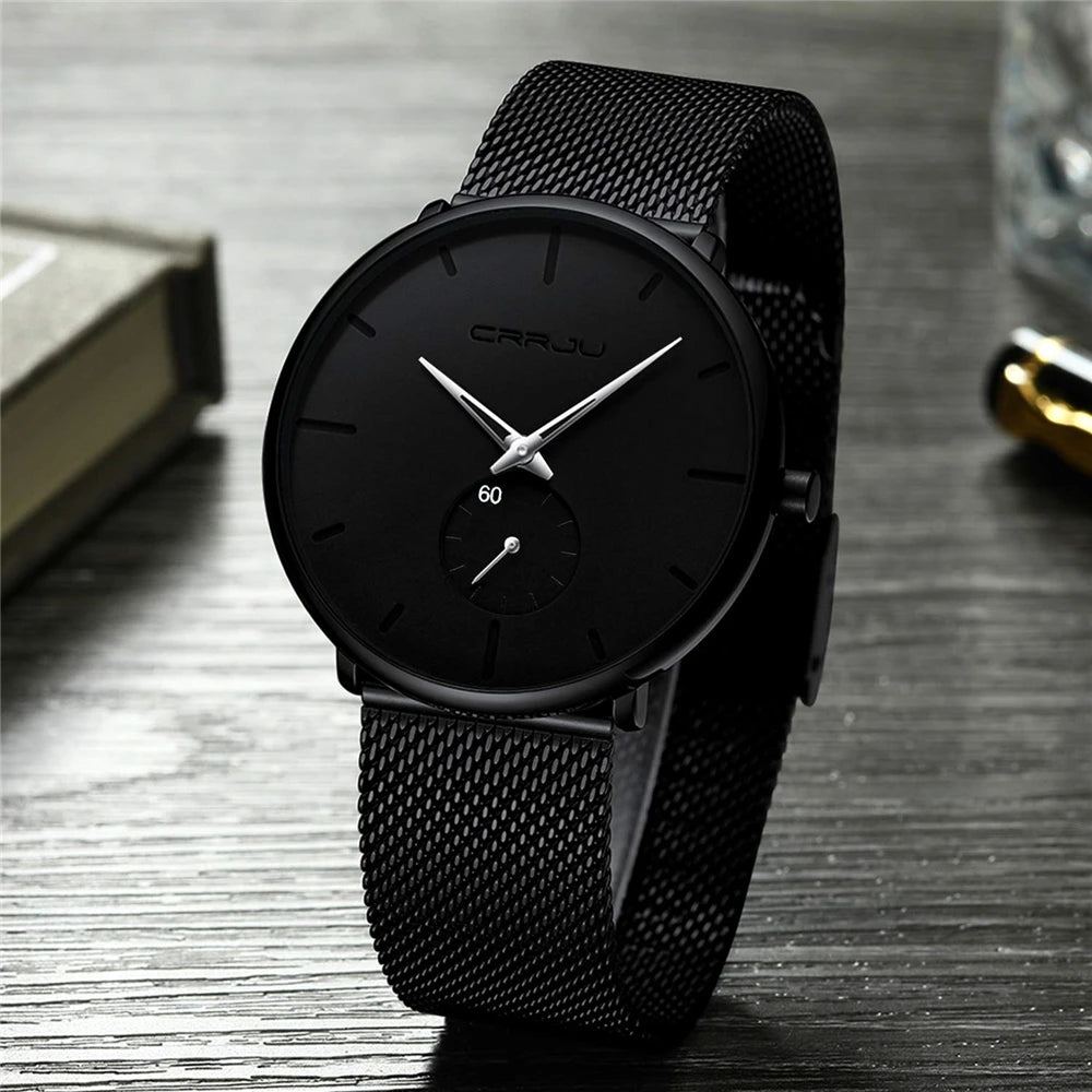 Relógio para homem CRRJU – Relógio de quartzo de luxo, estilo descontraído, fino, com bracelete em malha de aço, estanque e desportivo.