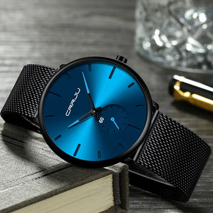 Relógio para homem CRRJU – Relógio de quartzo de luxo, estilo descontraído, fino, com bracelete em malha de aço, estanque e desportivo.