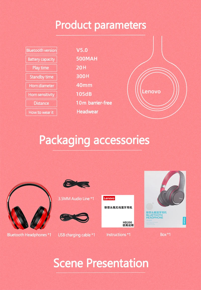 Lenovo HD200 Wireless Bluetooth Over-Ear Headphones – Noise Cancelling HiFi Stereo Gaming Headset with Microphone
