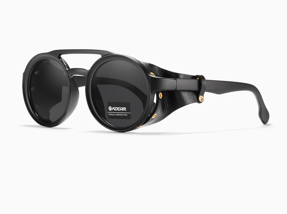 KDEAM Ochelari de soare rotunzi vintage pentru bărbați și femei, din piele, cu design tip „shield” și punte dublă, model KD179