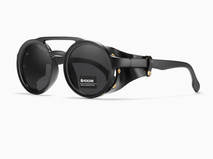 KDEAM Ochelari de soare rotunzi vintage pentru bărbați și femei, din piele, cu design tip „shield” și punte dublă, model KD179