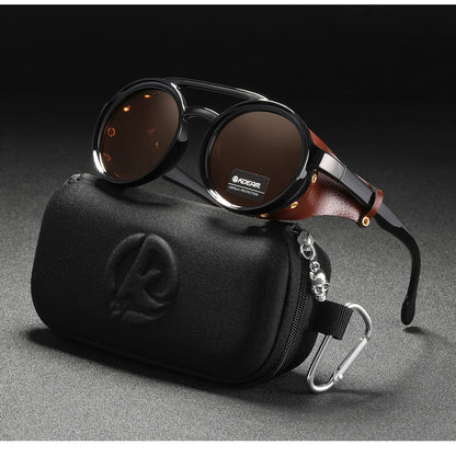 KDEAM Ochelari de soare rotunzi vintage pentru bărbați și femei, din piele, cu design tip „shield” și punte dublă, model KD179
