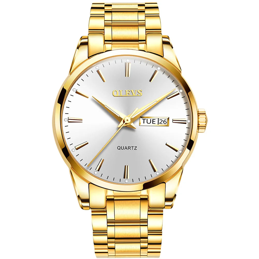 Reloj para hombre OLEVS: reloj de pulsera de cuarzo de acero inoxidable, resistente al agua, dorado, elegante y luminoso, accesorio de lujo para hombre