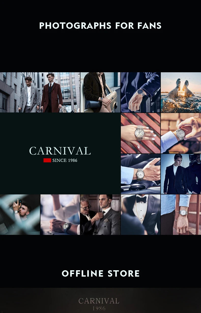 Orologio da uomo CARNIVAL Luxury Brand 8638 al quarzo, lancette luminose, impermeabile, in solido acciaio inossidabile
