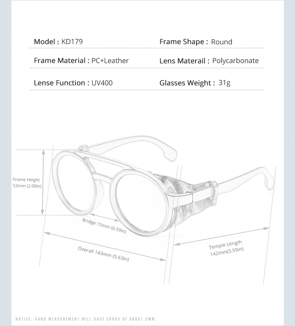 KDEAM Ochelari de soare rotunzi vintage pentru bărbați și femei, din piele, cu design tip „shield” și punte dublă, model KD179