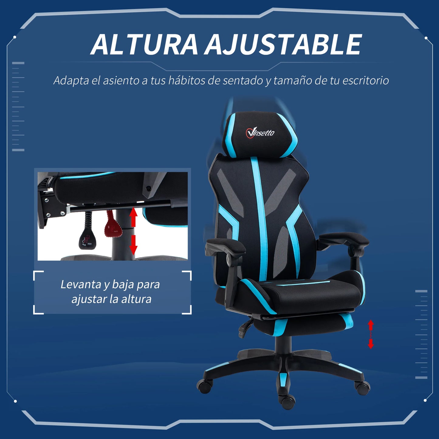 Vinsetto Retractable Height Adjustable Blue Footrest Retractable Gaming Chair