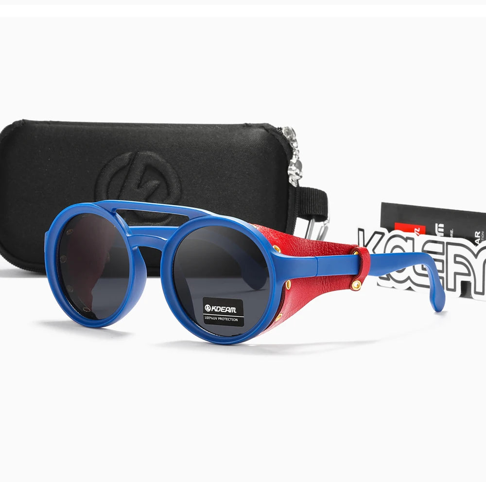 KDEAM Ochelari de soare rotunzi vintage pentru bărbați și femei, din piele, cu design tip „shield” și punte dublă, model KD179