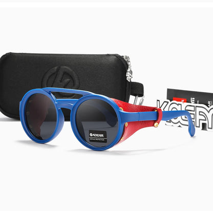 KDEAM Ochelari de soare rotunzi vintage pentru bărbați și femei, din piele, cu design tip „shield” și punte dublă, model KD179