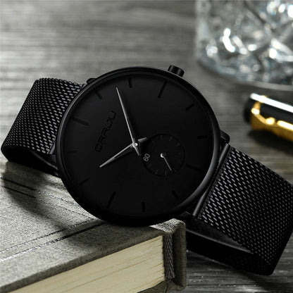 Relógio para homem CRRJU – Relógio de quartzo de luxo, estilo descontraído, fino, com bracelete em malha de aço, estanque e desportivo.