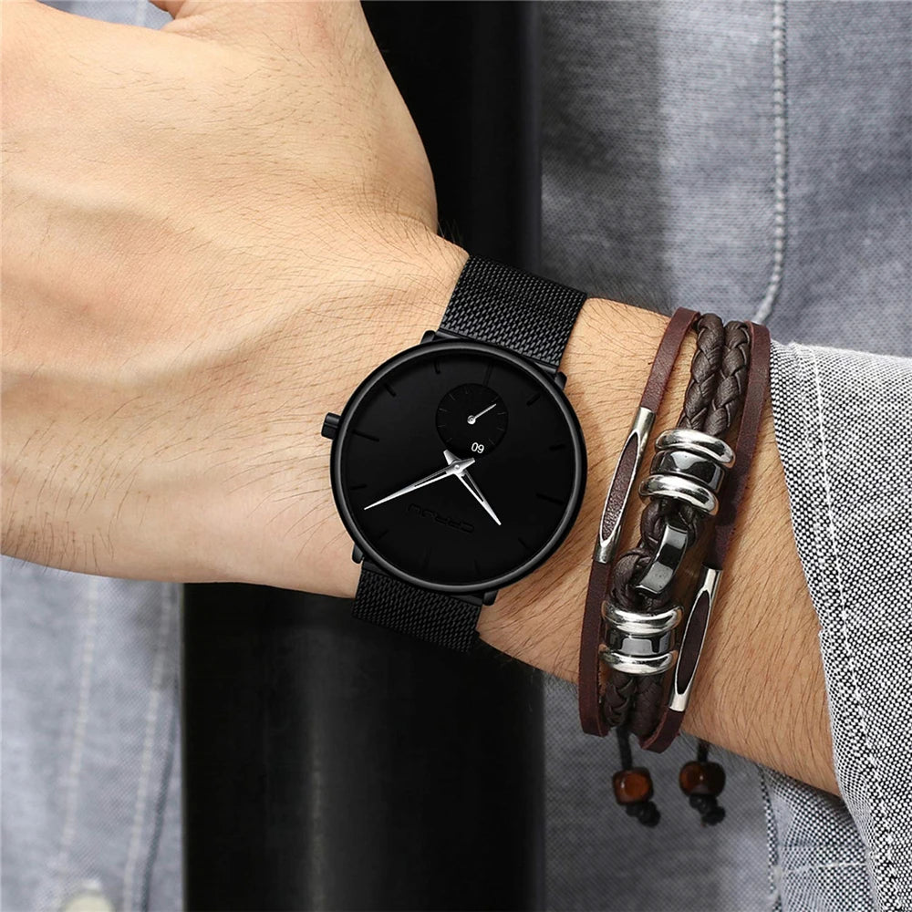 Relógio para homem CRRJU – Relógio de quartzo de luxo, estilo descontraído, fino, com bracelete em malha de aço, estanque e desportivo.
