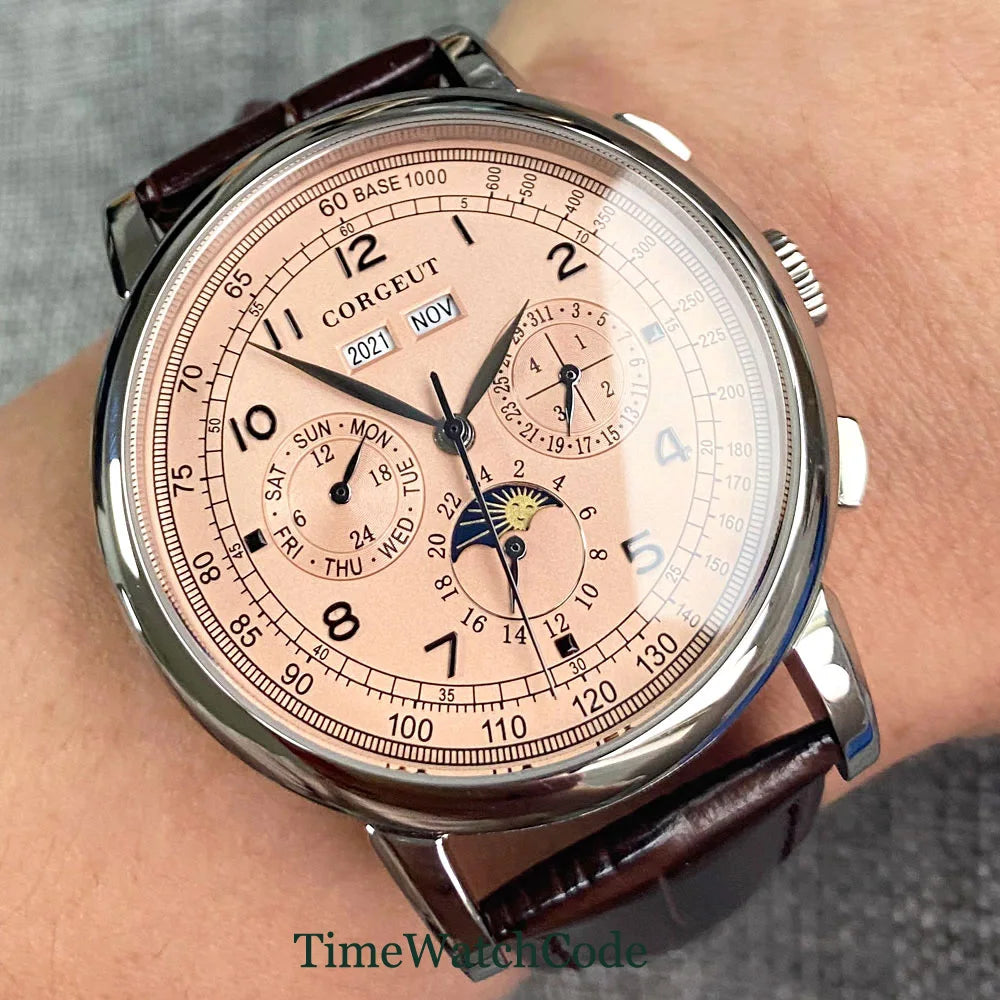 Corgeut Multi Functional Watch Automatic Mechanical Watch for Men 42mm Day Date Month Year Day/Night ST1655 Movt Polished Case