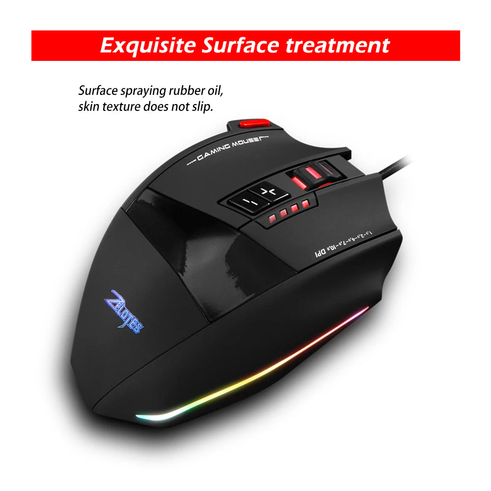 ZELOTES C-13 RGB Gaming Mouse with Side Buttons Macro Programming 10000DPI Adjustable 13 Key Wired USB Backlit Mouse for Desktop