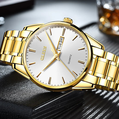 Reloj para hombre OLEVS: reloj de pulsera de cuarzo de acero inoxidable, resistente al agua, dorado, elegante y luminoso, accesorio de lujo para hombre
