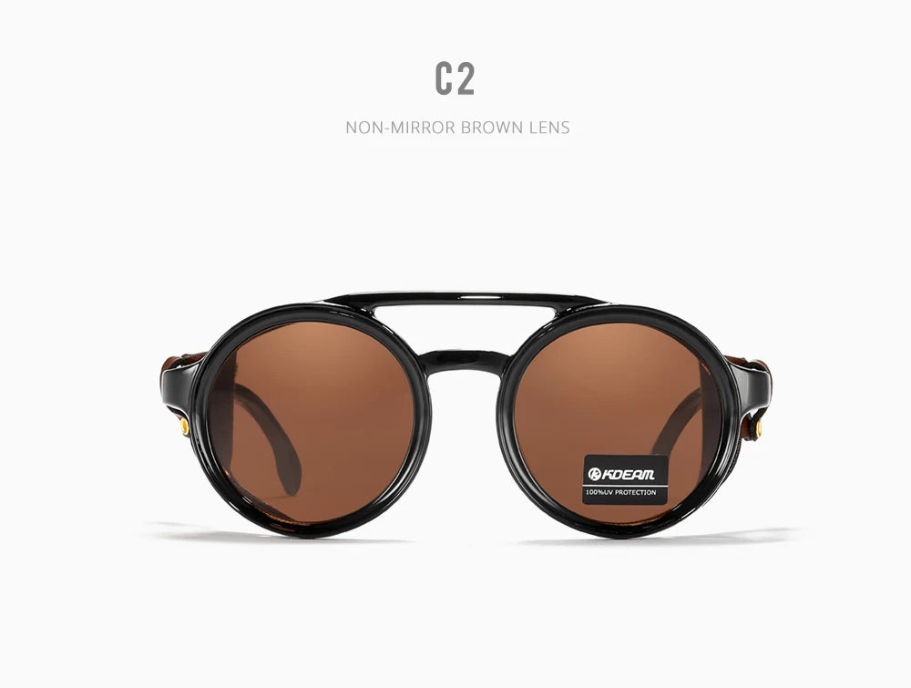 KDEAM Ochelari de soare rotunzi vintage pentru bărbați și femei, din piele, cu design tip „shield” și punte dublă, model KD179