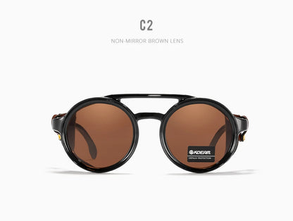 KDEAM Ochelari de soare rotunzi vintage pentru bărbați și femei, din piele, cu design tip „shield” și punte dublă, model KD179