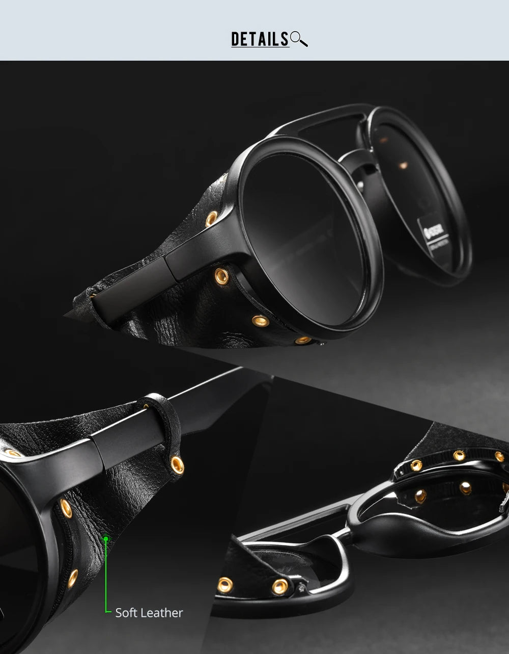 KDEAM Ochelari de soare rotunzi vintage pentru bărbați și femei, din piele, cu design tip „shield” și punte dublă, model KD179