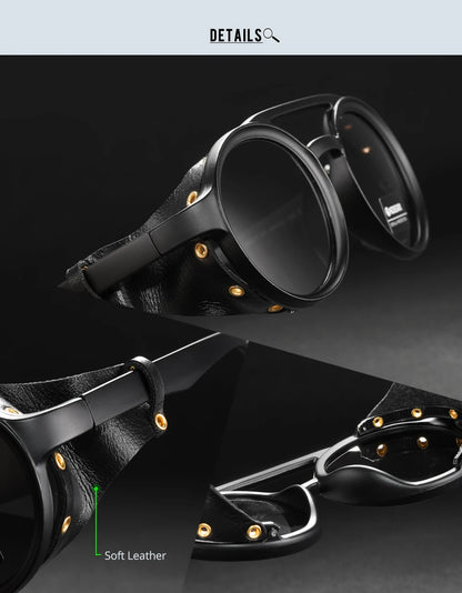 KDEAM Ochelari de soare rotunzi vintage pentru bărbați și femei, din piele, cu design tip „shield” și punte dublă, model KD179
