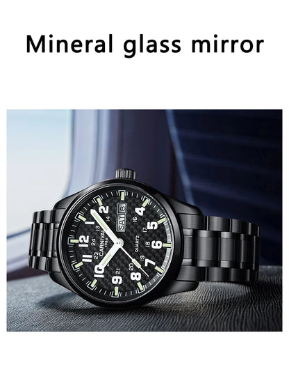 Orologio da uomo CARNIVAL Luxury Brand 8638 al quarzo, lancette luminose, impermeabile, in solido acciaio inossidabile
