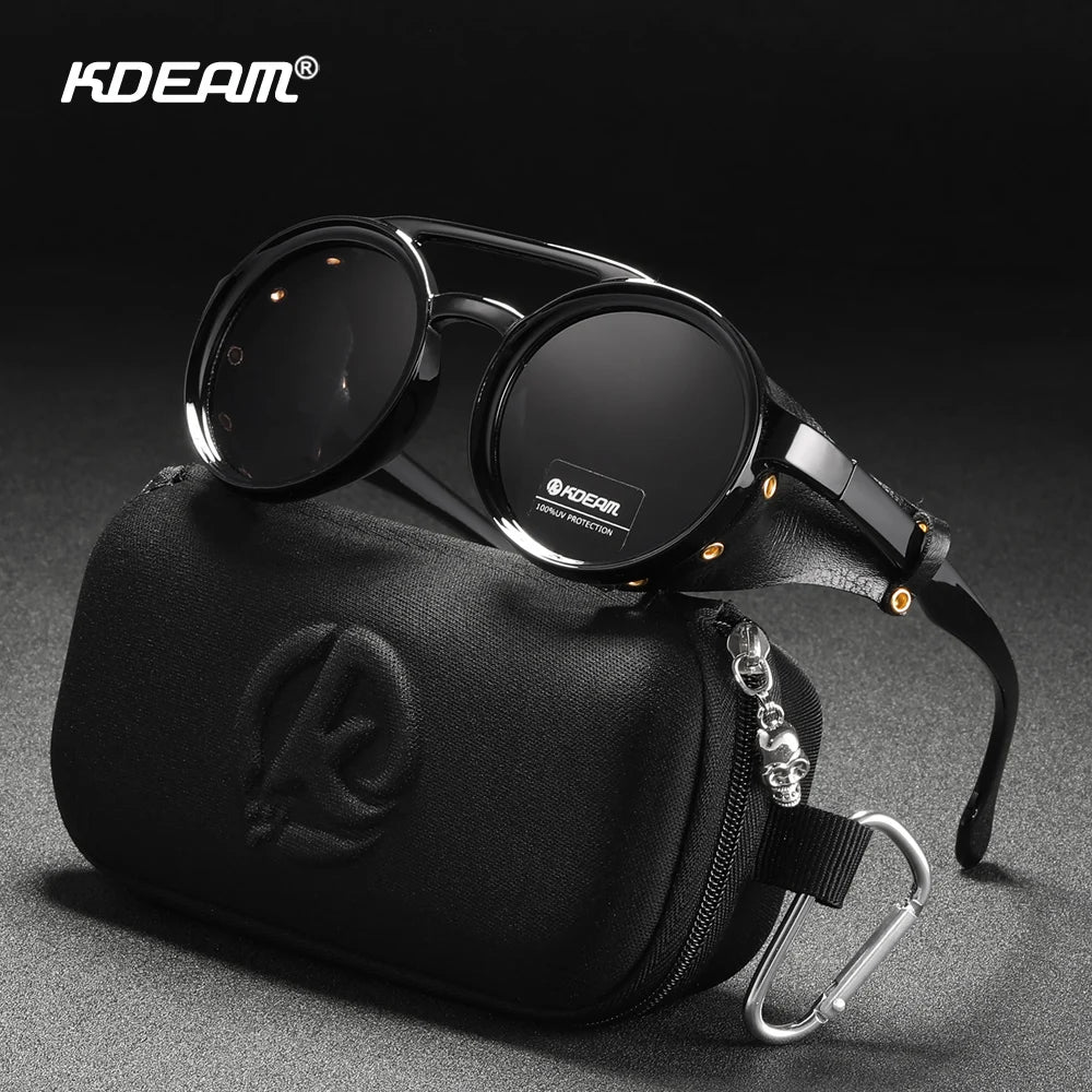 KDEAM Ochelari de soare rotunzi vintage pentru bărbați și femei, din piele, cu design tip „shield” și punte dublă, model KD179
