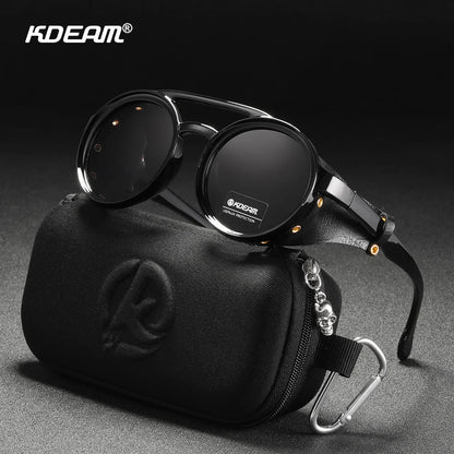 KDEAM Ochelari de soare rotunzi vintage pentru bărbați și femei, din piele, cu design tip „shield” și punte dublă, model KD179