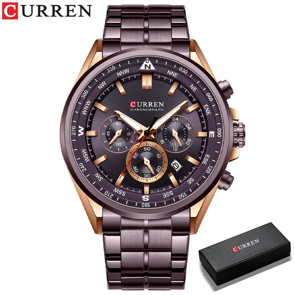 Herrenuhr CURREN – Trendige Uhr einer bekannten Marke, Luxusmodell, wasserdicht, aus Edelstahl, sportlicher Stil, Quarz-Chronograph