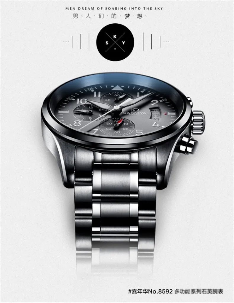 Chronograph luminous military running sport full steel men stopwatch genuine leather strap luxury brand watches sapphire reloj