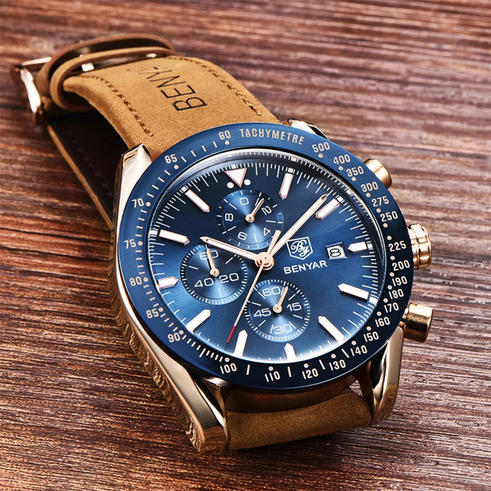 Ceasuri de lux pentru bărbați BENYAR – Ceasuri de mână cu cuarț și brățară din piele, rezistente la apă până la 30 m, stil sportiv.