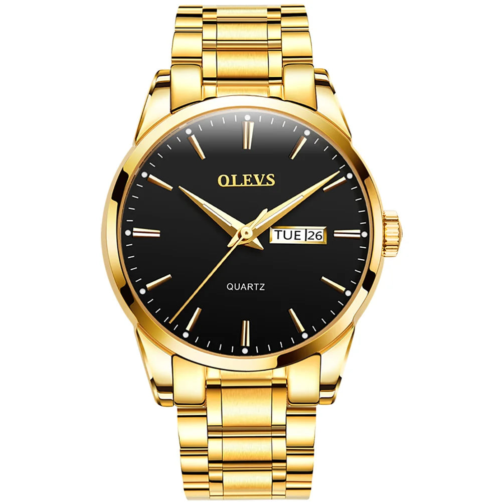 Reloj para hombre OLEVS: reloj de pulsera de cuarzo de acero inoxidable, resistente al agua, dorado, elegante y luminoso, accesorio de lujo para hombre