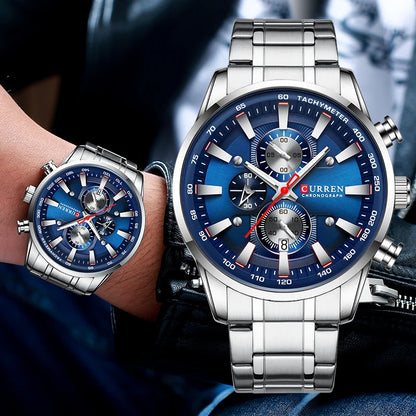 Curren Men's Watch Top Luxury Brand Big Dial Blue Quartz Men Watches Chronograph Sport Wristwatch Man Stainless Steel Date Clock